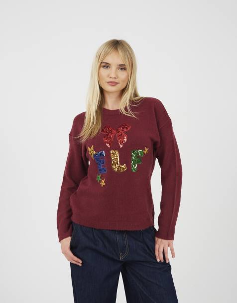 Brave Soul - Pull de Noël à slogan Elf orné de sequins - Lie-de-vin - view 1