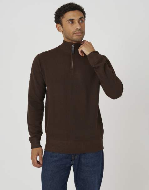 Brave Soul pull en maille à col cheminée et demi-zip couleur chocolat - view 1
