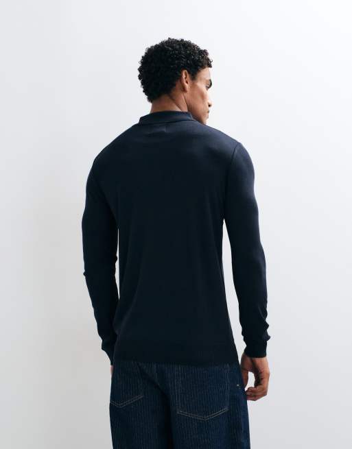 Brave Soul pull en maille à demi-zip avec patte polo bleu marine, 3 de 5