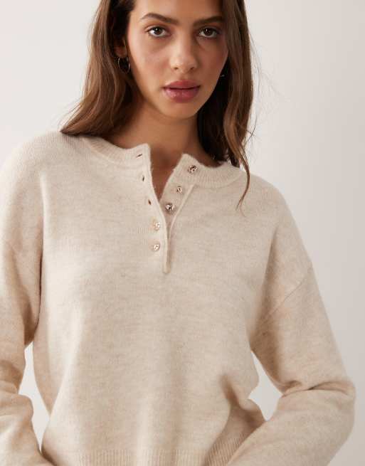 Brave Soul - Pull en maille col ras de cou avec patte de boutonnage - Avoine, 2 de 4