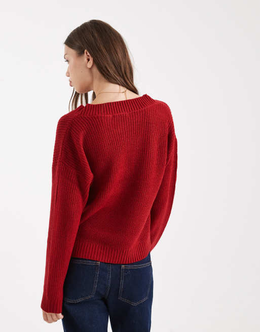 Brave Soul - Pull en maille façon pêcheur à col V profond - Rouge, 3 de 4