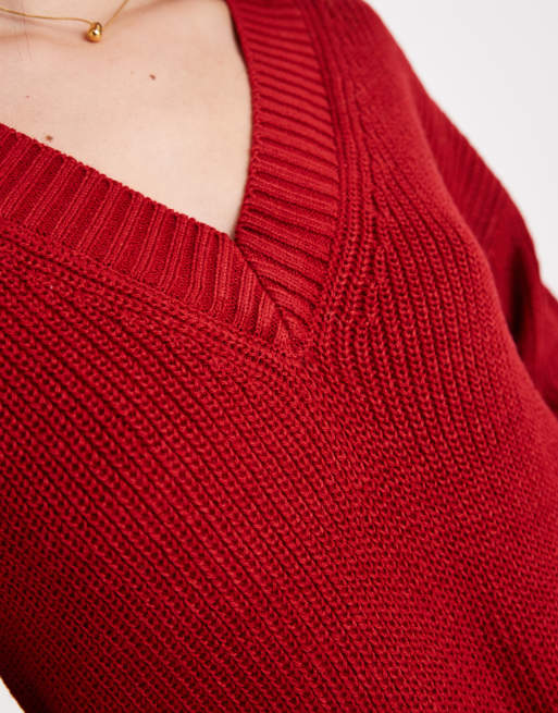Brave Soul - Pull en maille façon pêcheur à col V profond - Rouge, 4 de 4