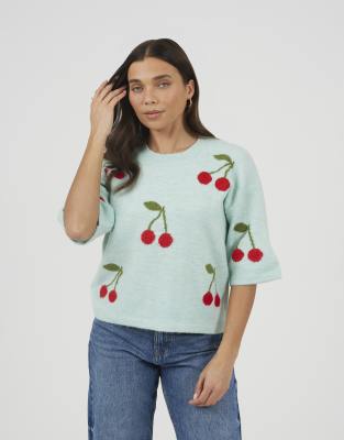 Pull en maille jacquard à manches courtes et motif cerises - Menthe-Vert 42