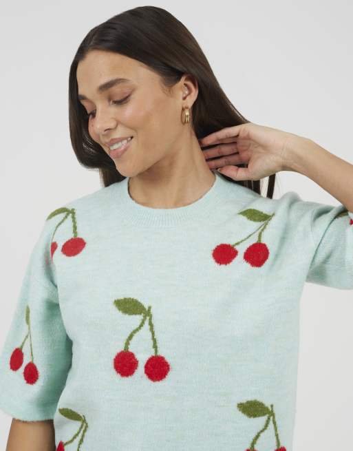 Brave Soul - Pull en maille jacquard à manches courtes et motif cerises - Menthe, 2 de 4