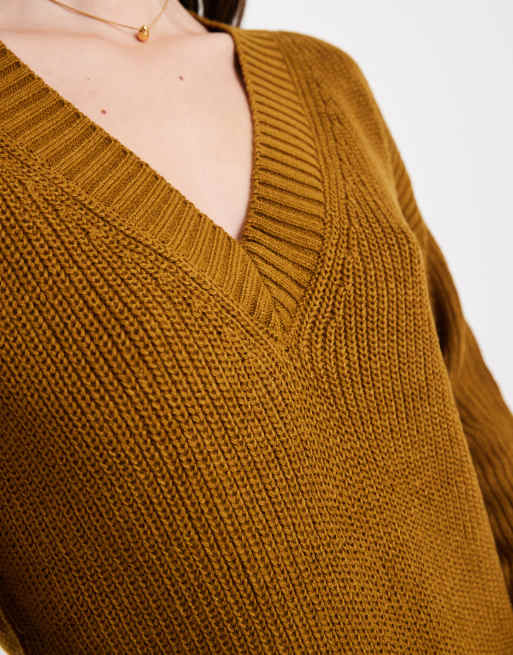 Brave Soul - Pull en maille style pêcheur à col V profond - Vert olive, 2 de 4