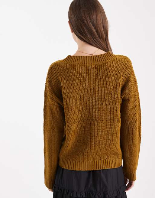 Brave Soul - Pull en maille style pêcheur à col V profond - Vert olive, 4 de 4