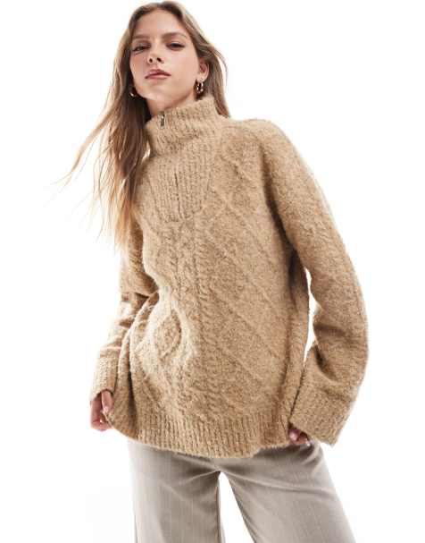 Brave Soul - Pull en maille texturée à demi-fermeture éclair - Fauve - view 1