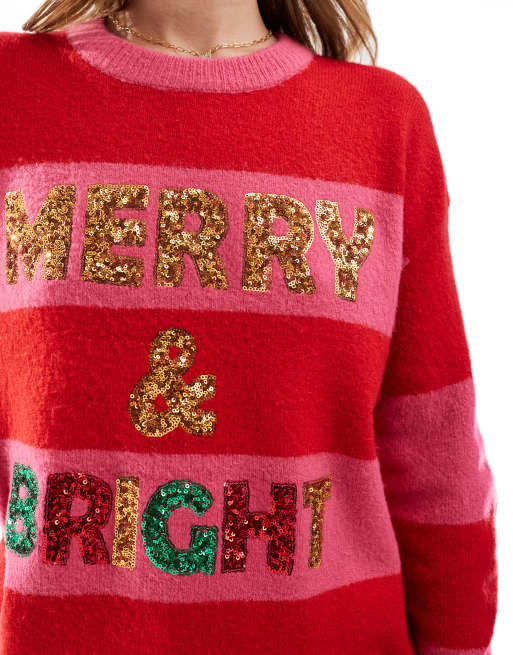 Brave Soul - Pull oversize de Noël à sequins et rayures - Rose et rouge, 3 de 4
