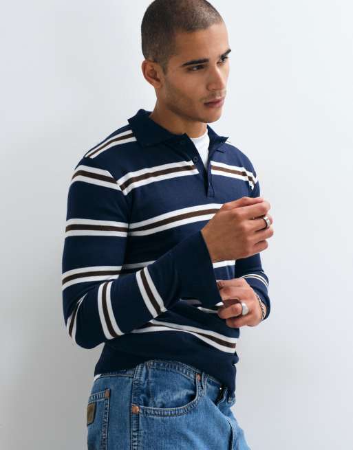 Brave Soul pull polo en maille à rayures bleu marine, 3 de 5