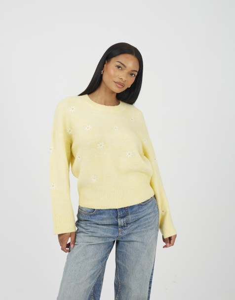 Brave Soul - Pull ras de cou doux avec marguerites brodées - Jaune - view 1