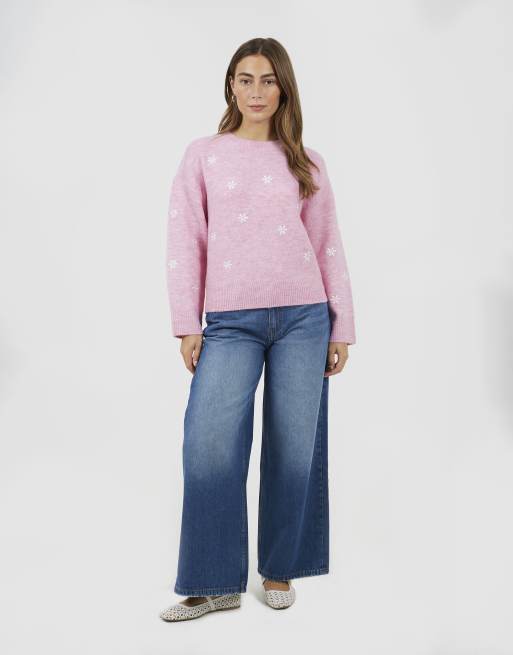 Brave Soul - Pull ras de cou doux avec marguerites brodées - Rose, 2 de 4