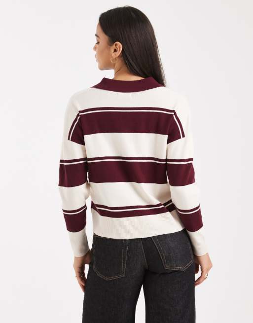 Brave Soul - Pull style rugby avec col polo en maille à rayures - Bordeaux et ivoire, 2 de 4