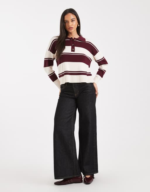 Brave Soul - Pull style rugby avec col polo en maille à rayures - Bordeaux et ivoire, 3 de 4