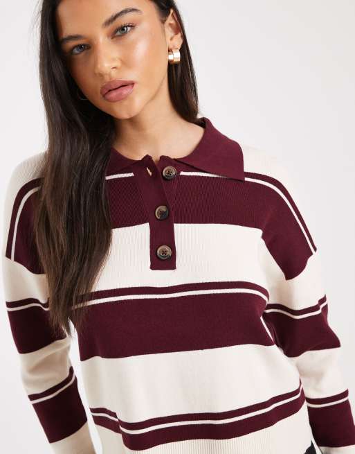 Brave Soul - Pull style rugby avec col polo en maille à rayures - Bordeaux et ivoire, 4 de 4