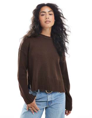 Brave Soul - Pullover in Braun mit Rundhalsausschnitt und Seitenschlitz-Brown