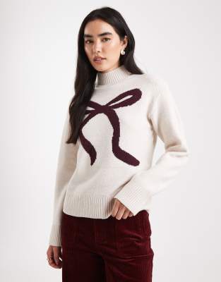 Brave Soul - Pullover in Creme mit Stehkragen und Schleifenmotiv-Weiß