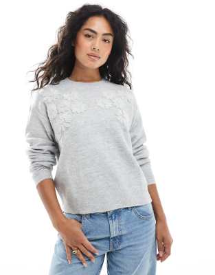 Brave Soul - Pullover in Grau mit Rundhalsausschnitt und Blumenstickerei