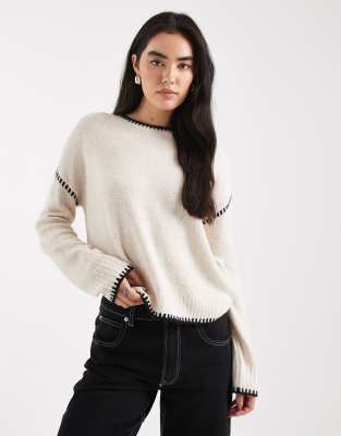 Brave Soul - Pullover in Hellbeige mit Rundhalsausschnitt und Kontrastnähten-Neutral