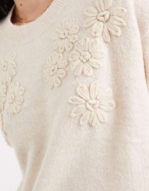 Brave Soul – Pullover in Steinbeige mit Rundhalsausschnitt und Blumenstickerei, 3 von 4