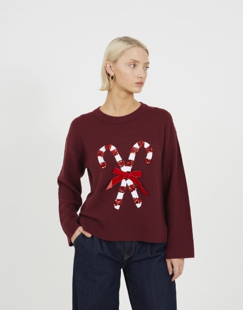Brave Soul Pullover mit Rundhalsausschnitt, Pailletten-Grafik und Christmas-Motiv in Weinrot - view 1