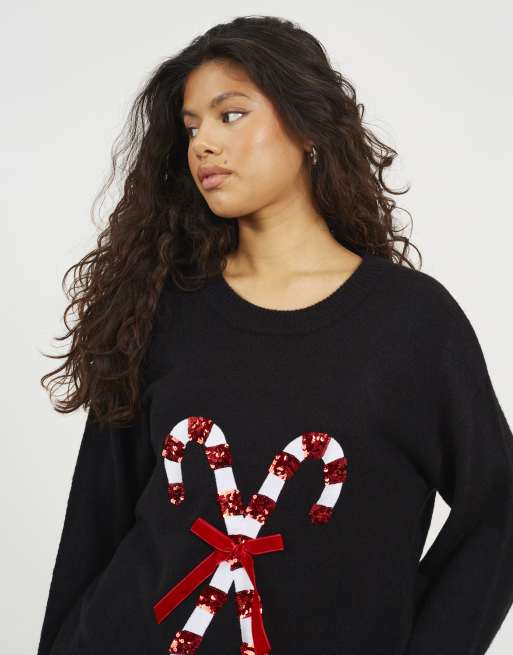 Brave Soul Pullover mit Rundhalsausschnitt, Paillettenmotiv und Christmas-Motiv in Schwarz, 4 von 4