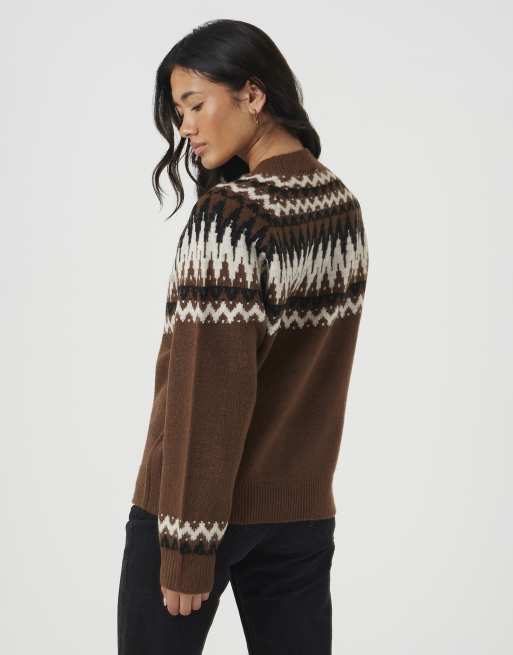 Brave Soul Pullover mit Rundhalsausschnitt und Fair-Isle-Muster in Braun, 2 von 4