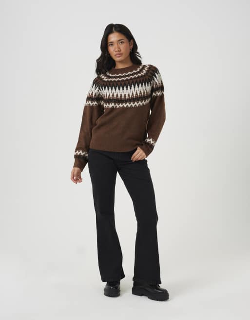 Brave Soul Pullover mit Rundhalsausschnitt und Fair-Isle-Muster in Braun, 3 von 4