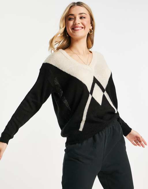 Brave Soul – Pullover mit V-Ausschnitt und Winkelstreifen-Farbblockdesign in Schwarz