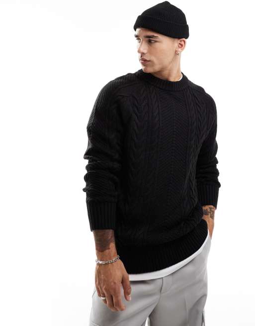 Brave Soul – Pullover mit Zopfstrickmuster in Schwarz