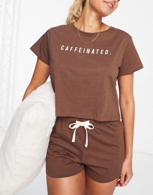 Brave Soul - Pyjama avec short et t-shirt à imprimé Caffeinated - Marron | ASOS