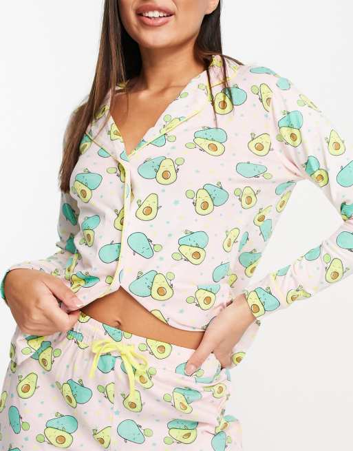 Brave Soul - Pyjama met knopen en avocado-print in perzik 