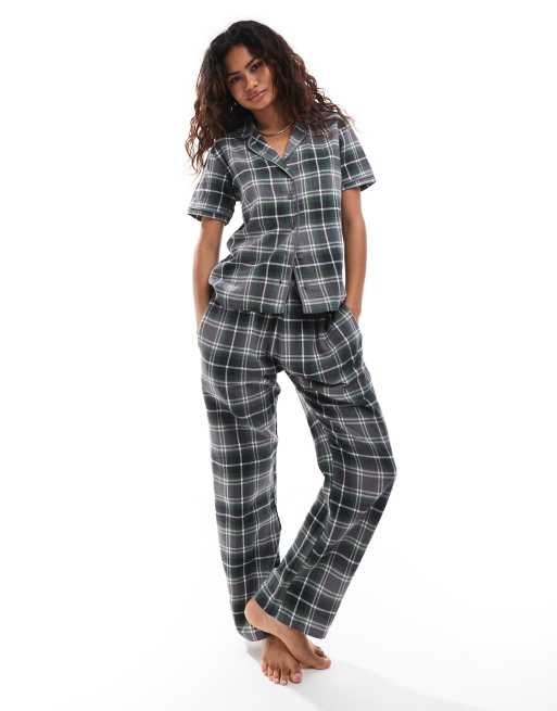 Brave Soul - Pyjamaset met top met korte mouwen en broek met wijde pijpen in grijs geruit