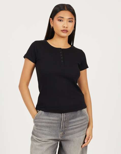 Brave Soul Quarter button neck short sleeve t-shirt in black