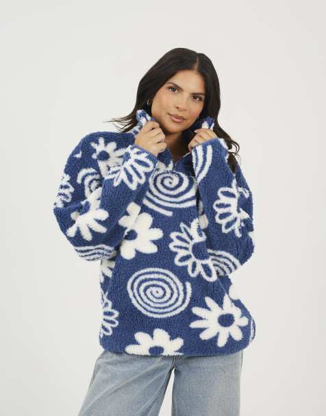 Brave Soul Quarter zip flower print sherpa fleece in blue - view 1