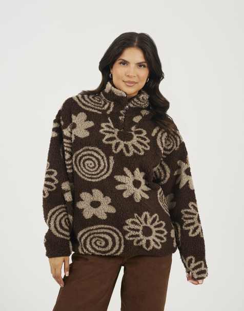 Brave Soul Quarter zip flower print sherpa fleece in chocolate - view 1