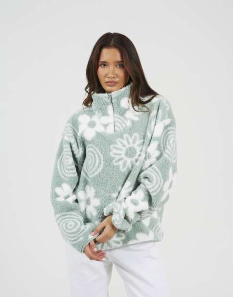 Brave Soul Quarter zip flower print sherpa fleece in mint - view 1