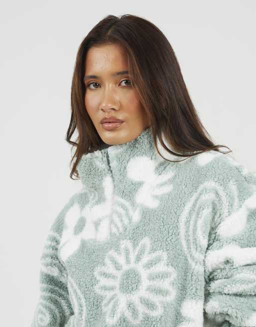 Brave Soul Quarter zip flower print sherpa fleece in mint, 2 of 4