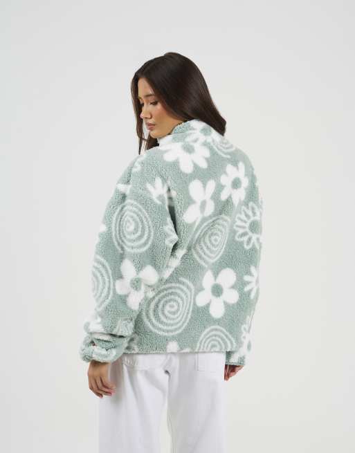 Brave Soul Quarter zip flower print sherpa fleece in mint, 3 of 4