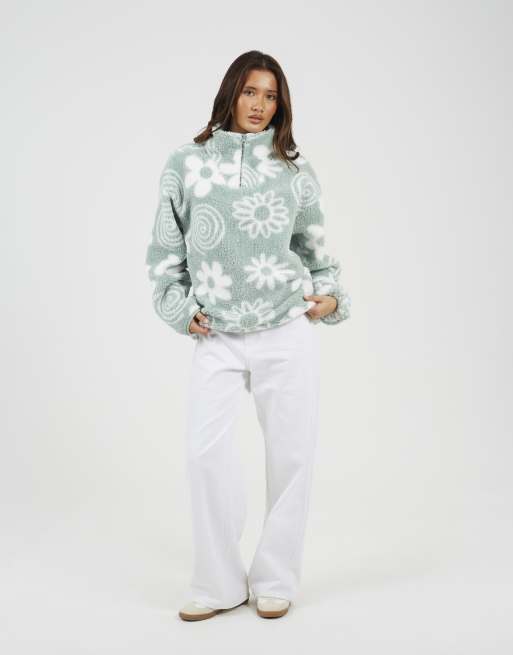 Brave Soul Quarter zip flower print sherpa fleece in mint, 4 of 4
