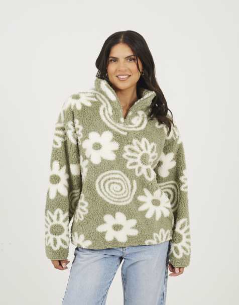 Brave Soul Quarter zip flower print sherpa fleece in pale green - view 1