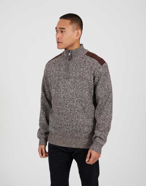 Brave Soul Quarter zip funnel neck jumper in brown - view 1