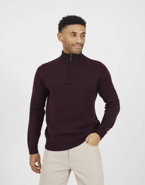 Brave Soul Quarter zip funnel neck sweater in burgundy - view 1