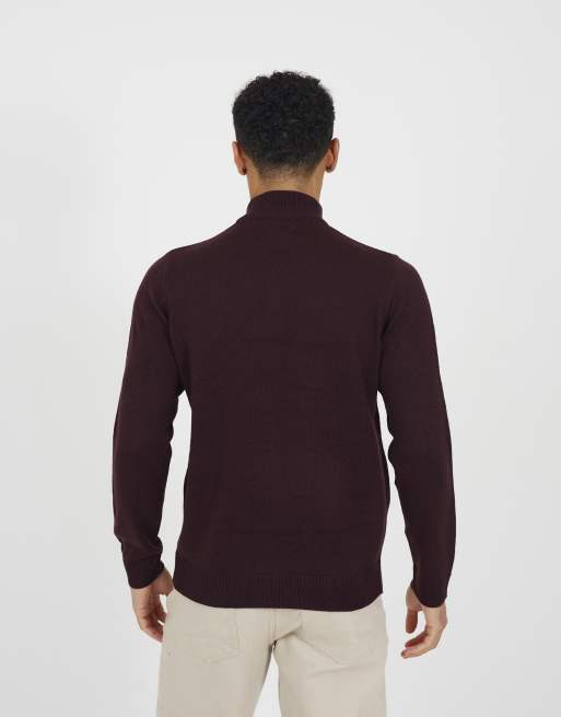Brave Soul Quarter zip funnel neck sweater in burgundy, 2 of 4