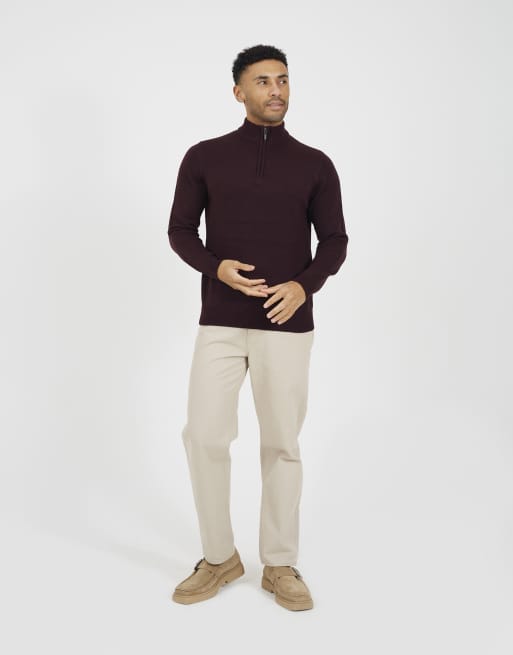 Brave Soul Quarter zip funnel neck sweater in burgundy, 3 of 4