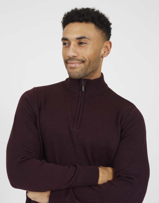 Brave Soul Quarter zip funnel neck sweater in burgundy, 4 of 4