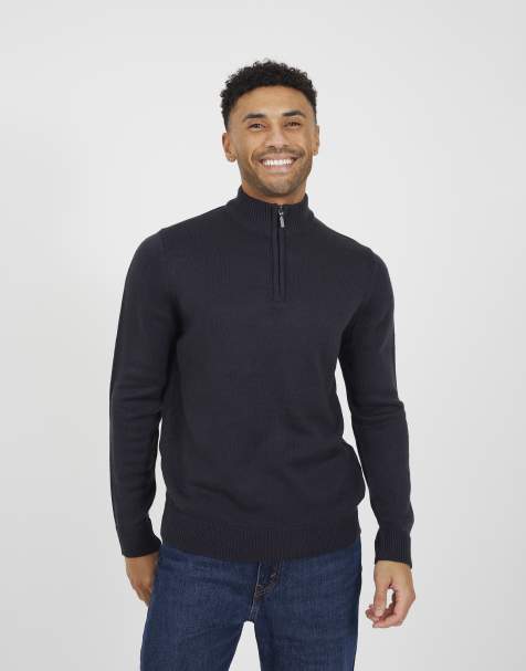 Brave Soul Quarter zip funnel neck sweater in navy - view 1