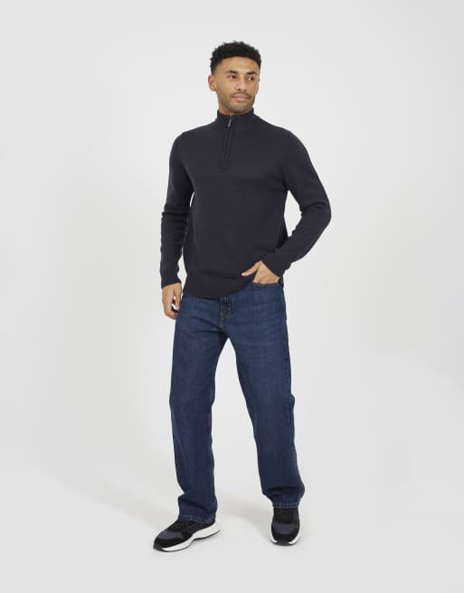 Brave Soul Quarter zip funnel neck sweater in navy, 3 of 4