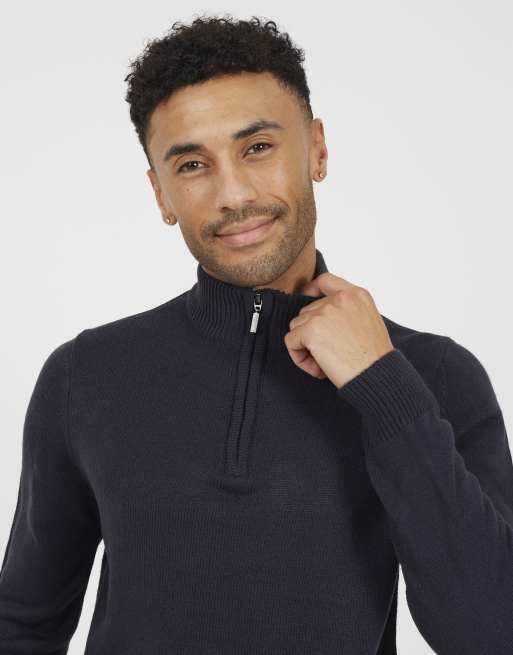 Brave Soul Quarter zip funnel neck sweater in navy, 4 of 4