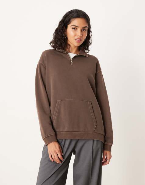 Brave Soul Quarter zip funnel neck sweatshirt in brown