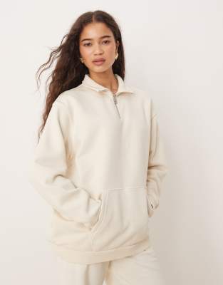 Brave Soul Quarter zip funnel neck sweatshirt in cream-White